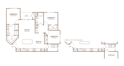 Floor plan for 3 beds, 2 baths, 1447 sqft